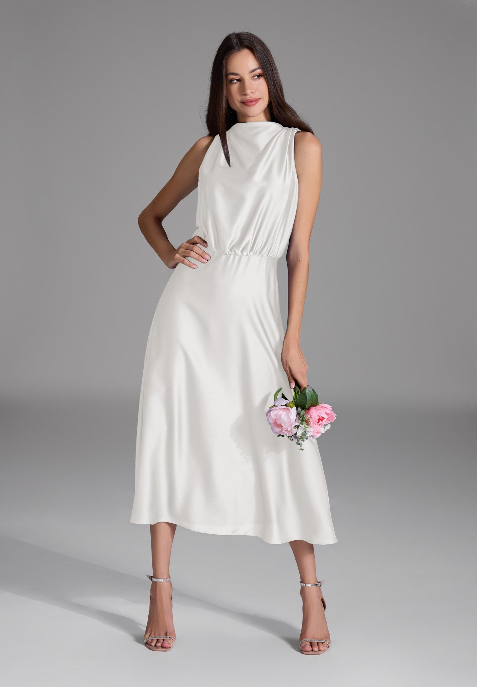 Midi Kleid aus nachhaltigem Satin mit Drapierung am Kragen ivory