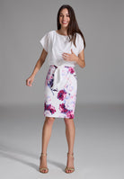 Etuikleid aus floral bedrucktem Scuba und Satin ivory | ruby red