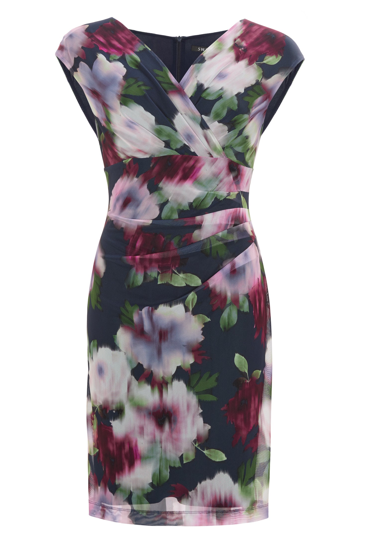 Etuikleid mit Wickel-Ausschnitt aus bedrucktem Mesh