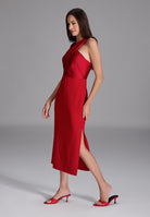 Midi Kleid mit gekreuzten Trägern aus Material-Mix