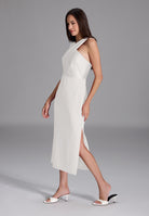 Midi Kleid mit gekreuzten Trägern aus Material-Mix