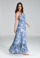 Neckholder Maxi Kleid aus bedrucktem Chiffon mit Glitzerstreifen