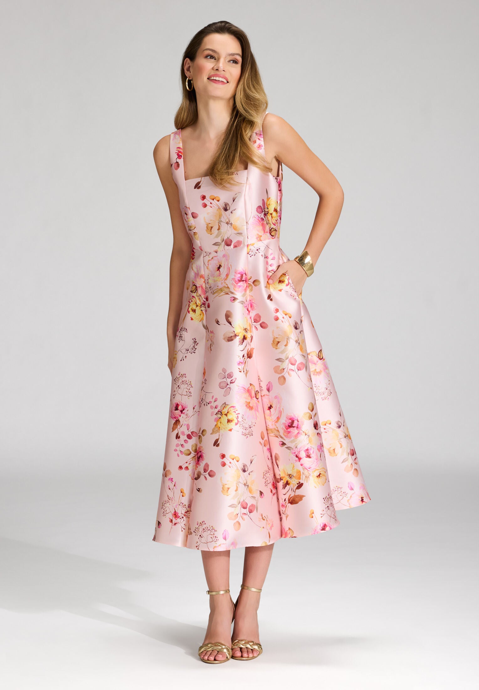 Cocktailkleid mit Karree-Ausschnitt aus floral bedrucktem Twill