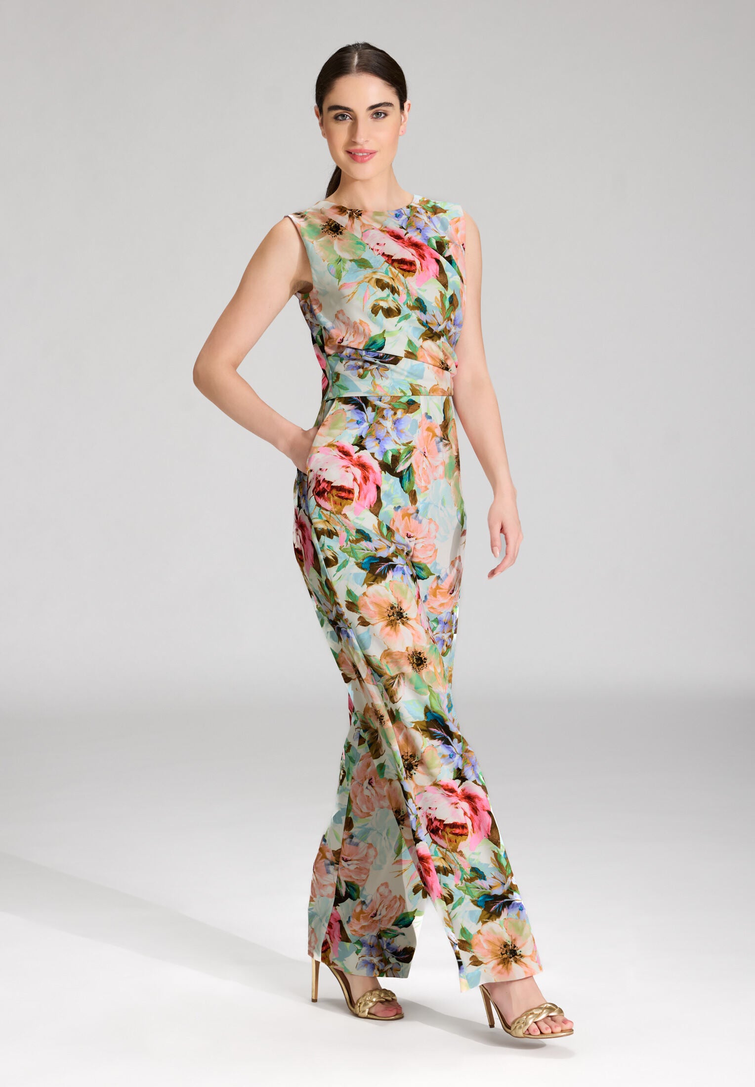 Jumpsuit aus leichtem Scuba mit Blumendruck und Drapierung
