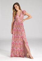 Abendkleid aus bedrucktem Plissee Jersey mit betonter Schulter raspberry pink | multi