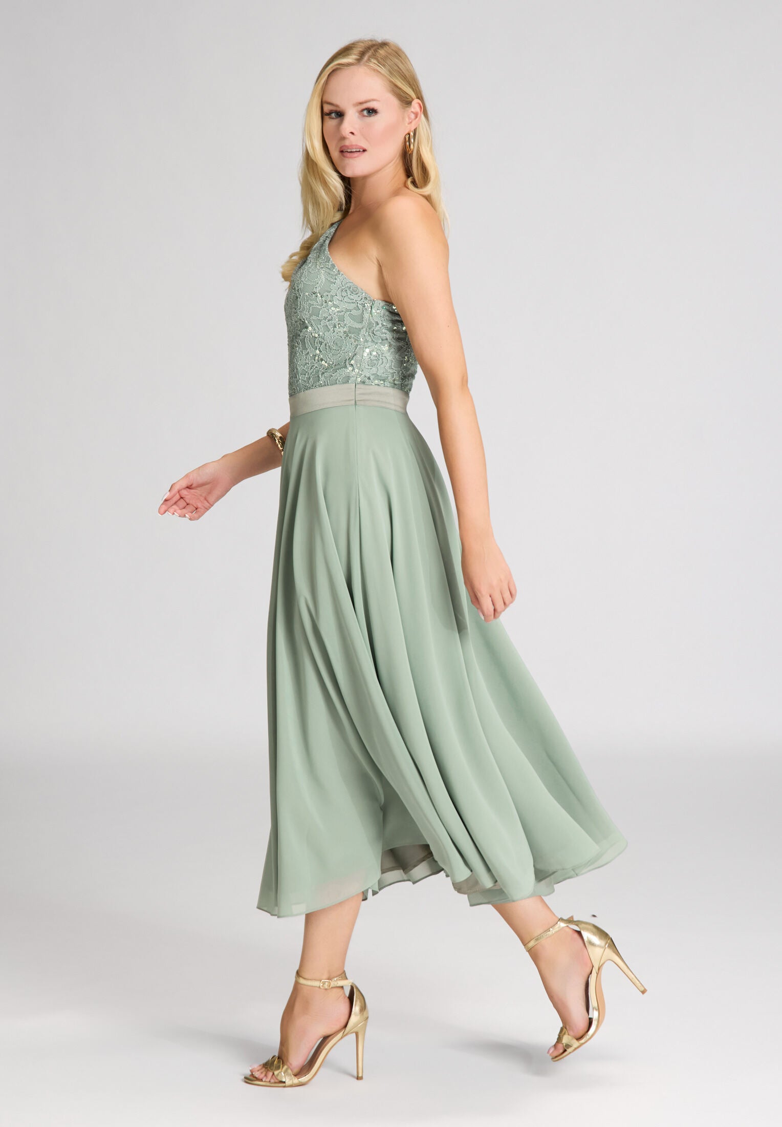 One Shoulder Midi Kleid aus Material Mix