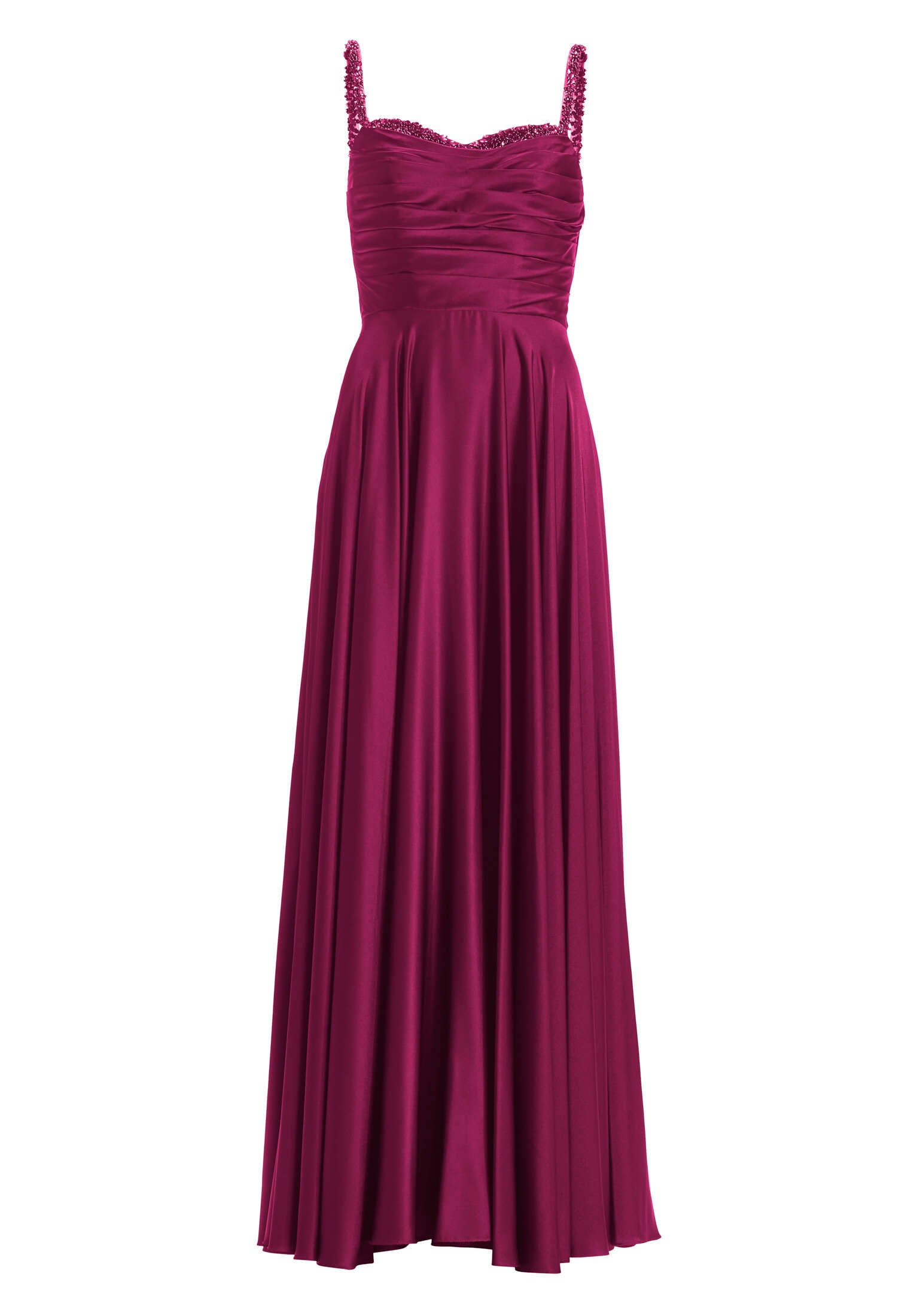 Satinkleid mit drapiertem Top und bestickten Trägern