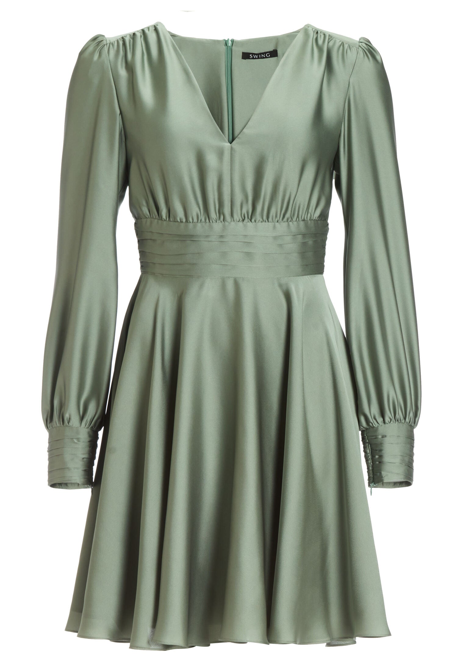 Cocktailkleid aus nachhaltigem Satin mit langen Ärmeln und Raff Details