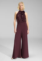 Ärmelloser Jumpsuit mit Schluppenblusen Top aus elastischer Paillette merlot