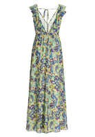 Maxikleid mit Rüschen aus bedrucktem Chiffon mit Glitzerstreifen