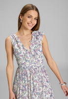 Midi Kleid aus floral bedrucktem Crinkle Chiffon mit Volants an der Schulter