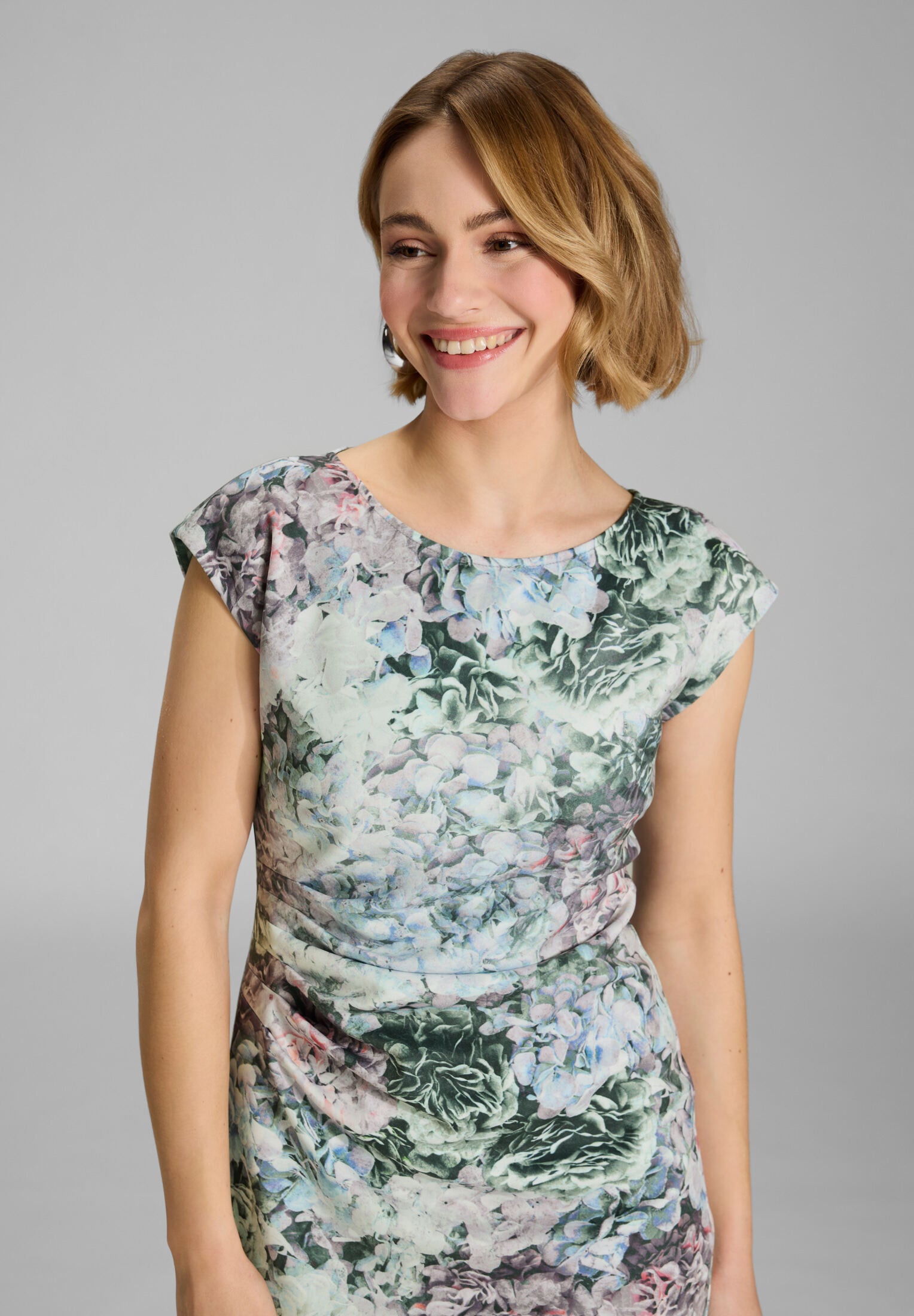 Etui Kleid aus floral bedrucktem Scuba mit Drapierung