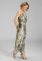 Langes Slip Dress mit Volants aus nachhaltigem bedruckten Satin