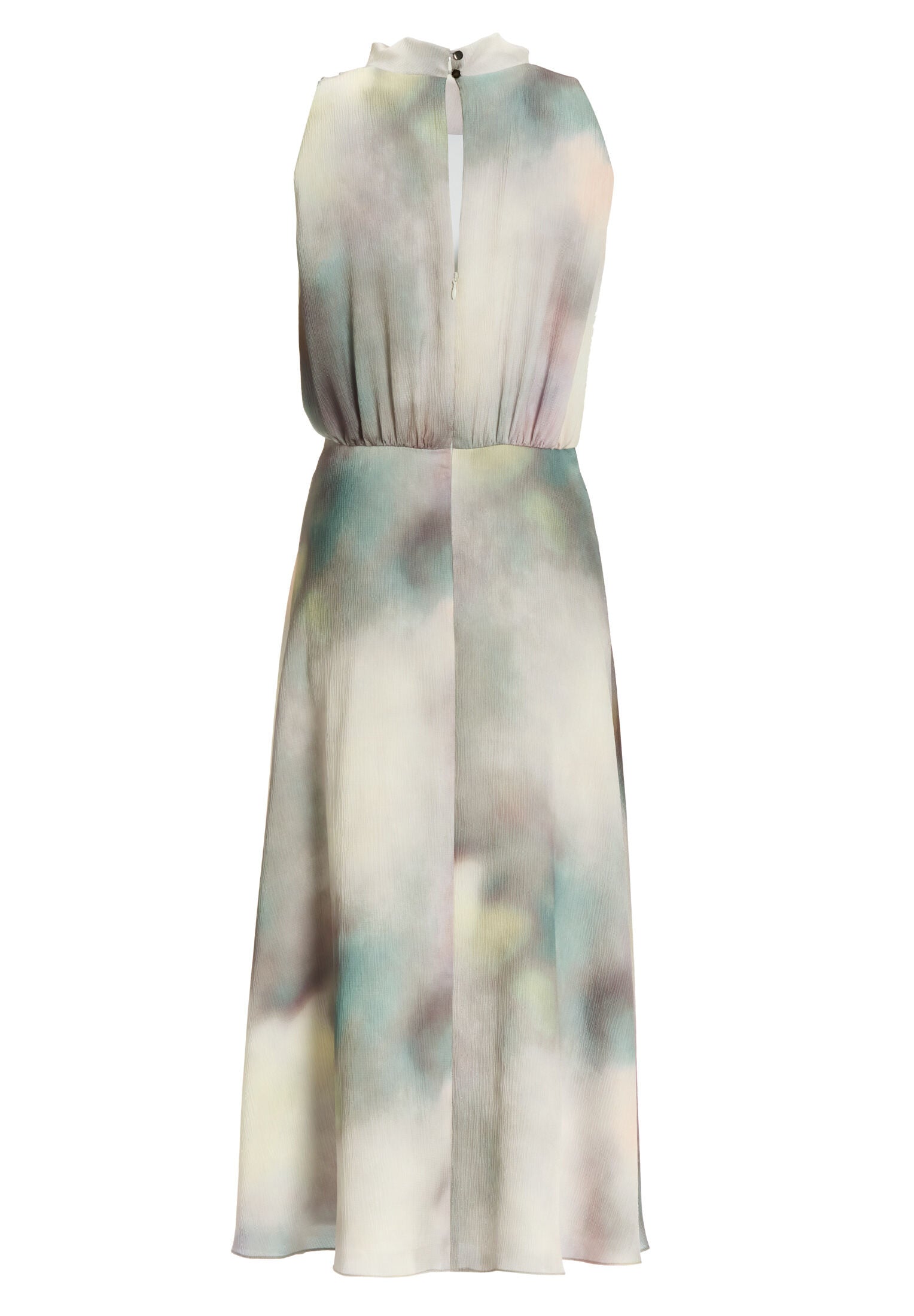 Midi Kleid aus gehämmertem Satin mit abstraktem Druck und Drapierung am Kragen