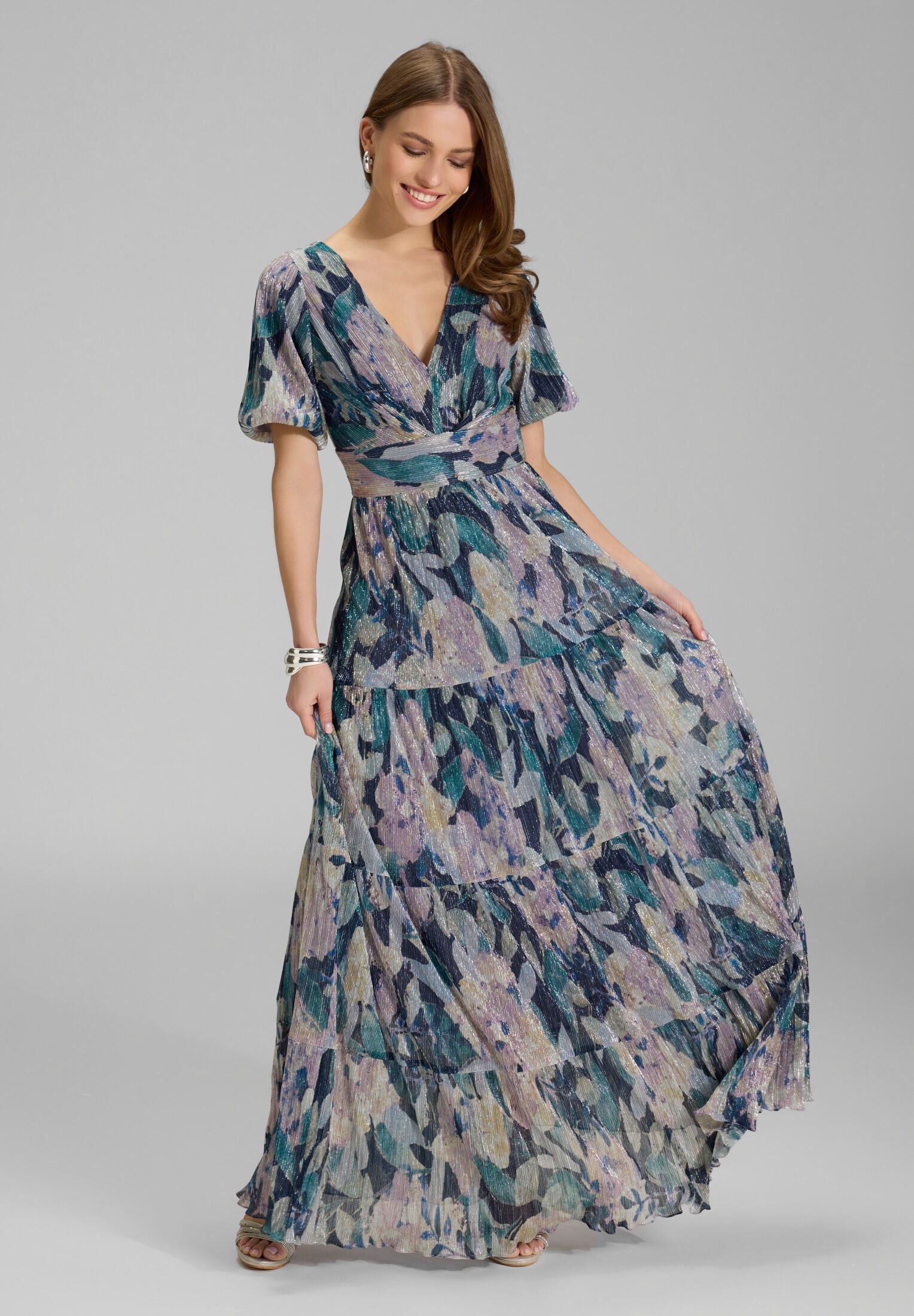 Abendkleid mit Puffärmeln aus bedrucktem Plissee Jersey mauve | multi