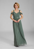Abendkleid aus plissiertem Jersey mit metallic Fäden und Cold Shoulder Trägern pistachio green