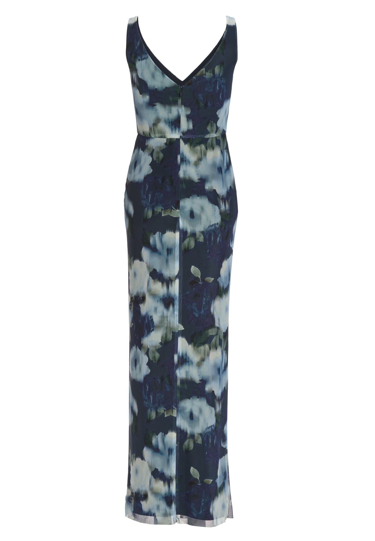 Figurbetontes Abendkleid aus Mesh mit Ikat Druck