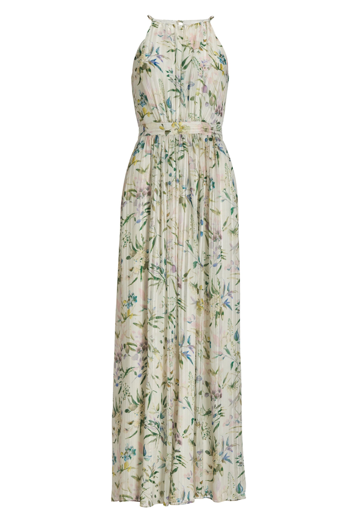 Abendkleid aus bedrucktem Chiffon mit Glitzerstreifen und Zierträgern