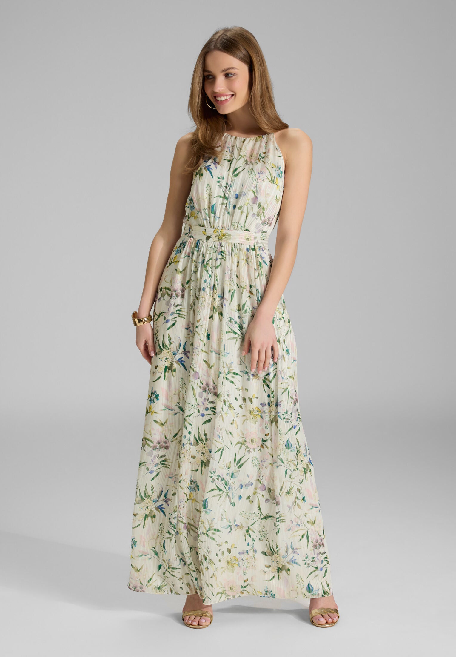 Abendkleid aus bedrucktem Chiffon mit Glitzerstreifen und Zierträgern ivory | multi