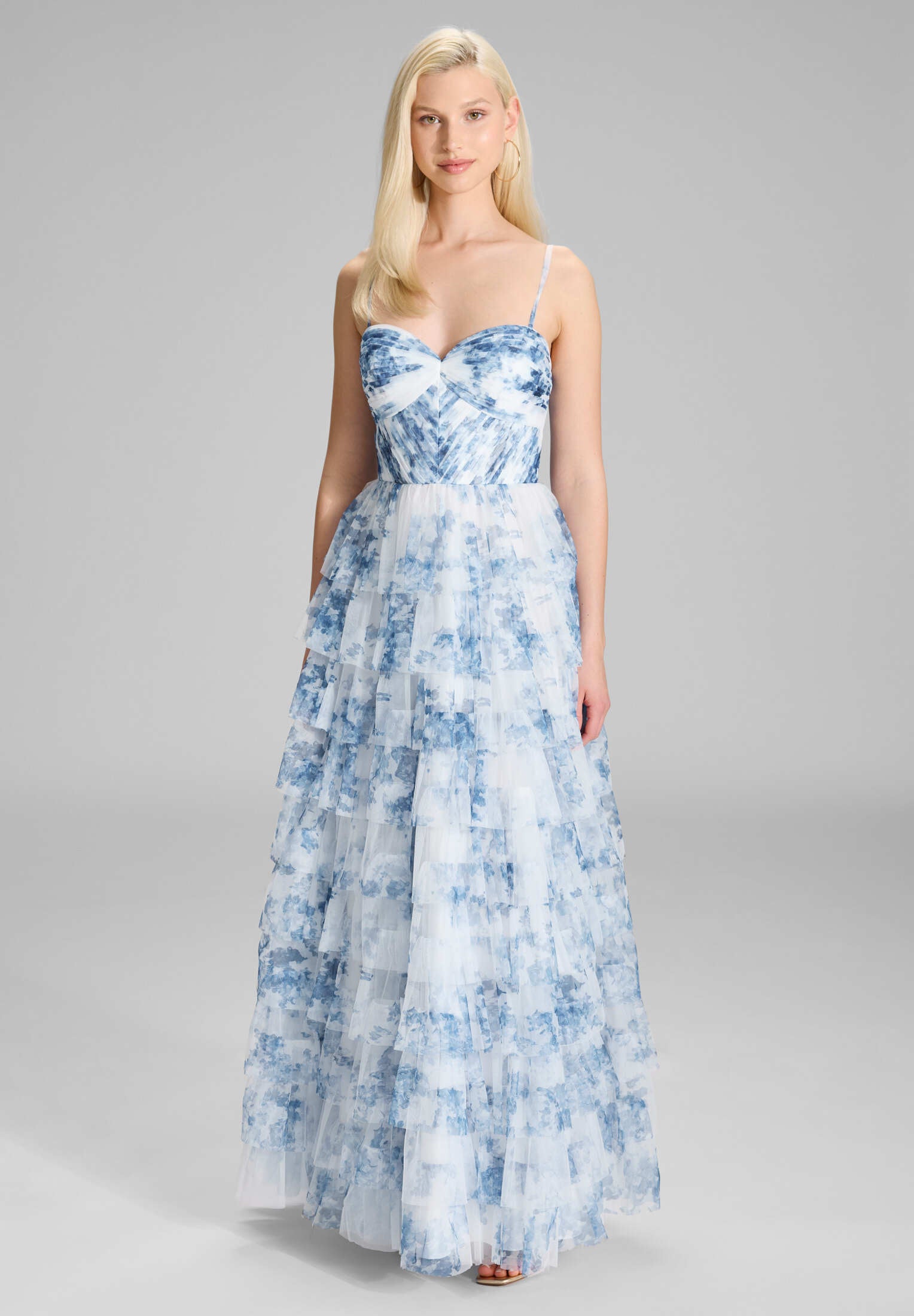Abendkleid mit Rüschenrock und Allover Print ivory blue