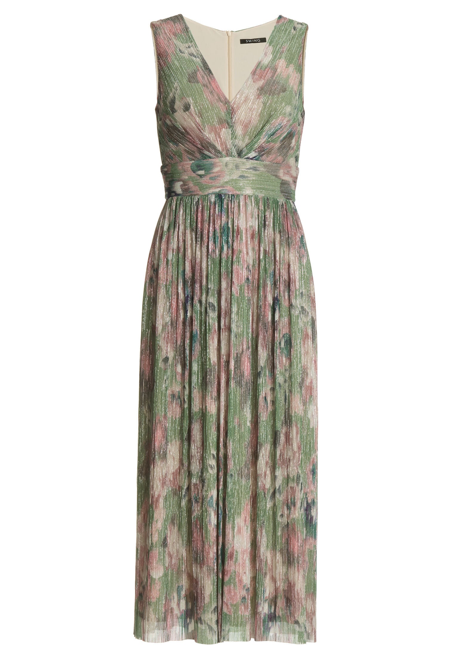 Cocktailkleid aus bedrucktem Plissee Jersey mit V-Ausschnitt