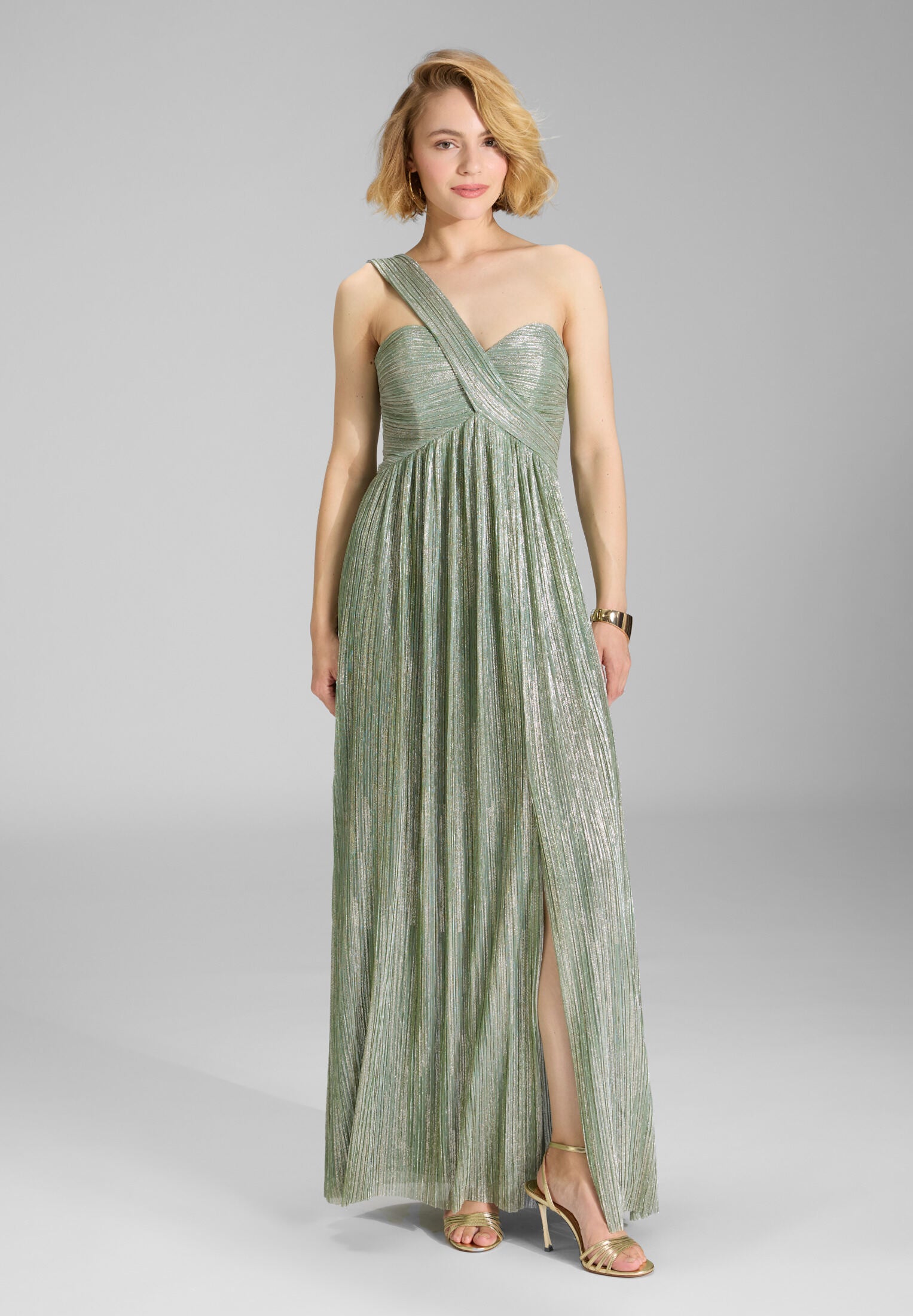Abendkleid One Shoulder aus glänzendem Plissee Jersey matcha green | gold