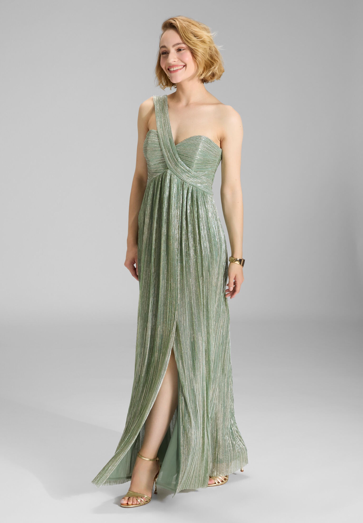Abendkleid One Shoulder aus glänzendem Plissee Jersey