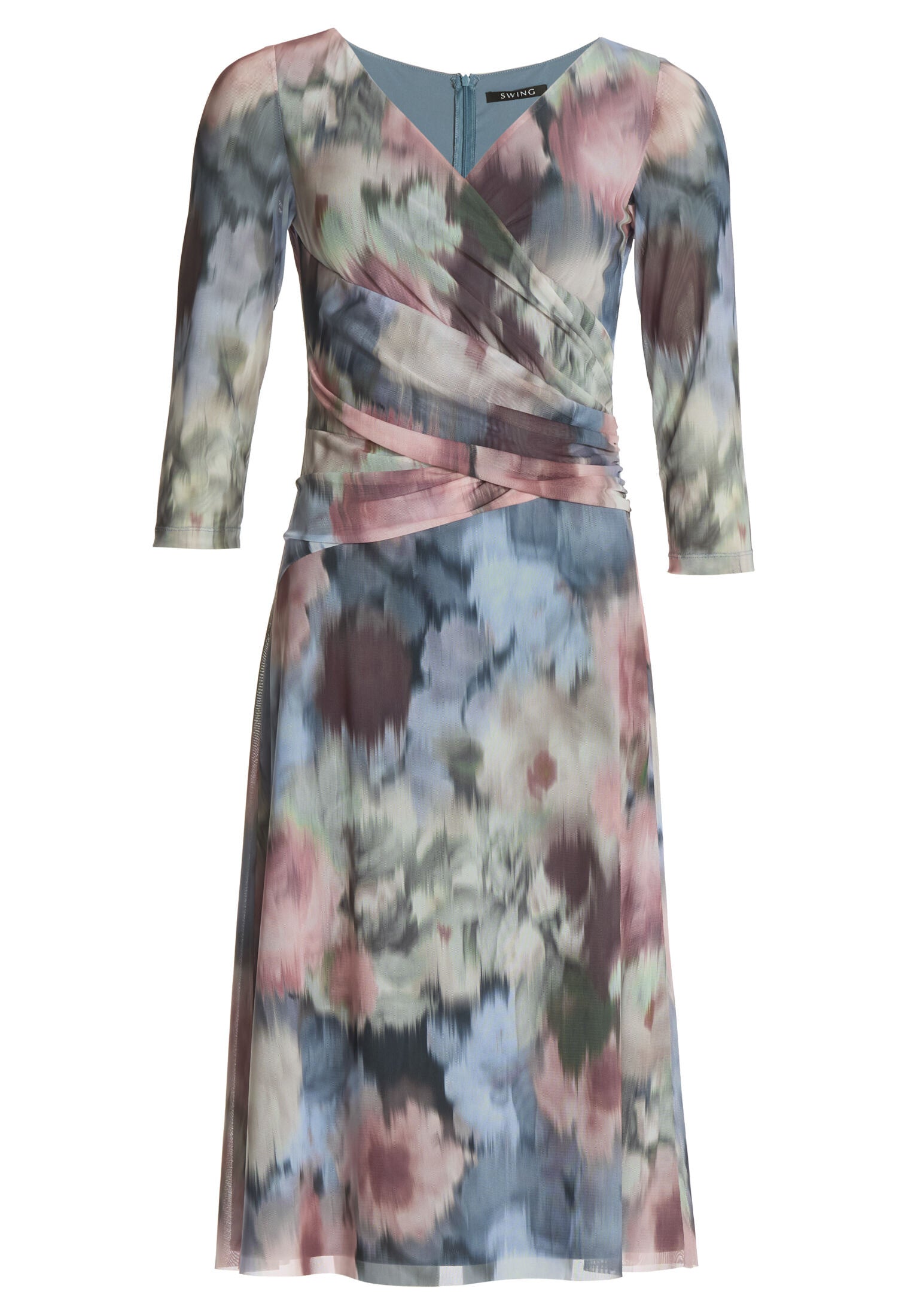 Midi Kleid aus bedrucktem Mesh in Wickel Optik