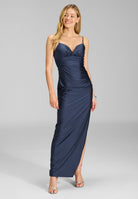 Figurbetontes Abendkleid aus Jersey Satin mit Schnürung im Rücken navy